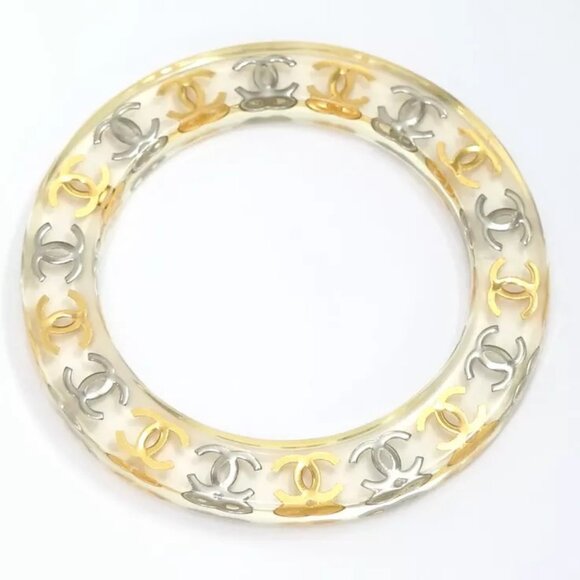 CHANEL CC Logos Clear Lucite Bangle Bracelet 7.8" Gold Tone 97P Auth w/Box #2240 - Picture 3 of 16